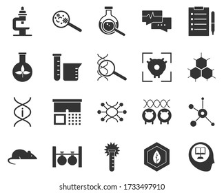 Knowledge, human, reader, science. Bioengineering glyph icons set. Biotechnology for health, researching, materials creating. Molecular biology, biomedical and molecular engineering