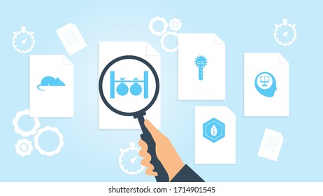 Knowledge, human, reader, science file, document research vector illustration. Document with search icons. File and magnifying glass. Analytics research sign. Vector Illustration