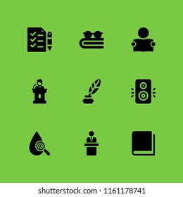 knowledge icon. 9 knowledge set with open book, speech, writer and read vector icons for web and mobile app