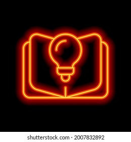 Knowledge icon, book and bulb, innovative idea. Orange neon style on black background. Light linear icon with editable stroke