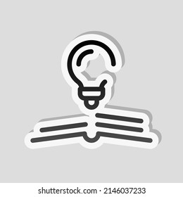 Knowledge icon, book and bulb, innovative idea. Linear sticker, white border and simple shadow on gray background