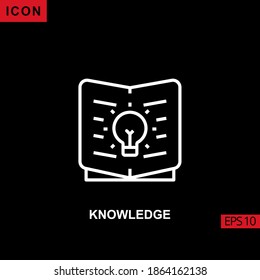 icono de conocimiento con contorno de libro y bombilla, línea, lineal o lineal sobre fondo negro. Ilustración para gráficos, interfaces de medios impresos y diseño web.