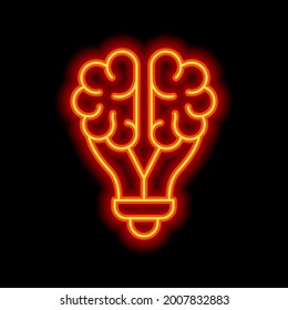 Knowledge icon, brain and bulb, innovative idea. Orange neon style on black background. Light linear icon with editable stroke