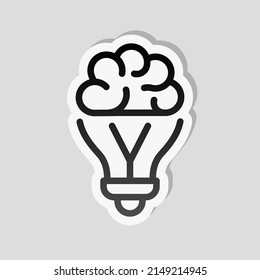 Knowledge icon, brain and bulb, innovative idea. Linear sticker, white border and simple shadow on gray background