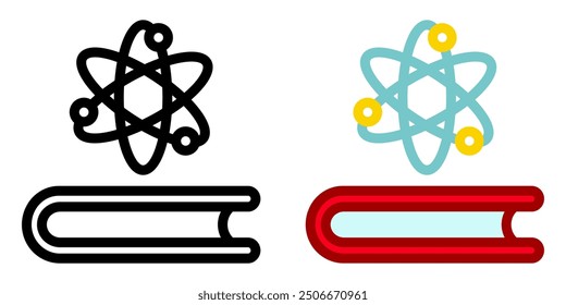 knowledge icon. Chemistry book sign. Physics lesson symbol. Book with atom illustration.