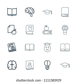Knowledge icon. collection of 16 knowledge outline icons such as book, brain, paper and apple, brain bulb, magazine. editable knowledge icons for web and mobile.