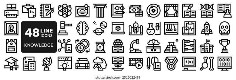 Icono de conocimiento colección. Color duotono. Vector e ilustración transparente. Contiene libro, conocimiento, libro abierto, ciencia, idea, aprendizaje automático, transferencia de conocimiento, universidad, cerebro, historia.