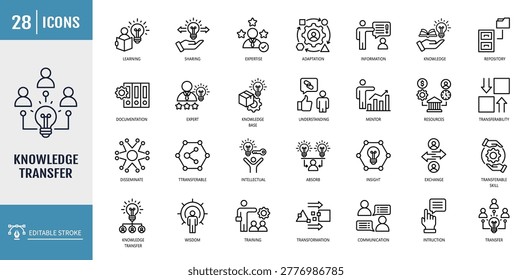 Knowledge icon collection set. Icons Includes transfer, information, learning, sharing, education, communication, mentorship. Outline icon set. Vector illustration with editable stroke