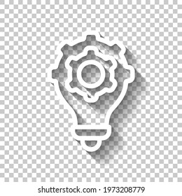 Knowledge icon, gear and bulb, innovative idea. White linear icon with editable stroke and shadow on transparent background