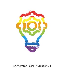 Knowledge icon, gear and bulb, innovative idea. Drawing sign with LGBT style, seven colors of rainbow (red, orange, yellow, green, blue, indigo, violet