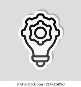 Icono del conocimiento, equipo y bombilla, idea innovadora. Etiqueta lineal, borde blanco y sombra simple sobre fondo gris