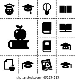 Knowledge icon. set of 13 filled knowledgeicons such as book, graduation cap, graduate emoji, paper and apple, magazine, arrows up, brain bulb, graduation hat