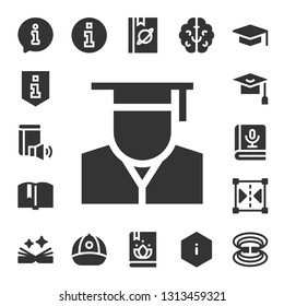 knowledge icon set. 17 filled knowledge icons.  Collection Of - Information, Book, Graduate, Mortarboard, Reflect, Cap, Brain, Graduation, Magnetic field