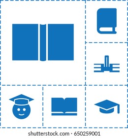 Knowledge icon. set of 6 knowledge filled icons such as graduate emoji, book, graduation hat