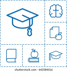 Knowledge icon. set of 6 knowledge outline icons such as brain, paper and apple, apple on book, arrows up, graduation hat