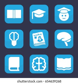 Knowledge icon. set of 9 filled knowledge icons such as book, brain, graduate emoji, magazine, brain bulb