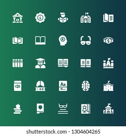 knowledge icon set. Collection of 25 filled knowledge icons included University, Magazine, Read, Book, Books, School, Brain, Vocabulary, Student, Vision, Reading, Info, College