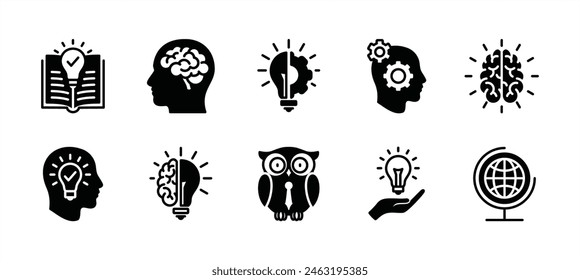 Conjunto de iconos de conocimiento. Contiene libro, mente, pensamiento, cognición, cerebro, bombilla, educación, globo, búho, creatividad, idea, imaginación, inteligencia, inteligente, genio. Ilustración vectorial