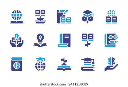 Conjunto de iconos de conocimiento. Color de duotona. Ilustración vectorial. Conteniendo conocimiento, intelecto, educación, libro, historia, geografía, crecimiento, ideas, literatura, estudio.