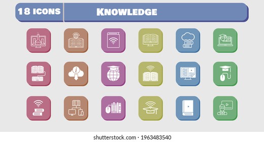 knowledge icon set. included chemistry, audiobook, homework, book, learning, training, cloud library, ebook, books, cap icons on white background. linear, filled styles.