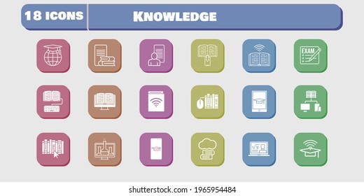 knowledge icon set. included chemistry, study, audiobook, homework, book, student-smartphone, cloud library, exam, professor icons on white background. linear, filled styles.