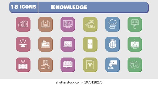 knowledge icon set. included chemistry, audiobook, homework, learn, book, training, cloud library, student-smartphone, professor icons on white background. linear, filled styles.