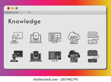 knowledge icon set. included cloud, teacher, ebook, learn, homework icons on white background. linear, filled styles.