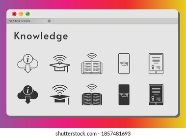 knowledge icon set. included student-smartphone, tablet, cap, book, information icons on white background. linear, filled styles.