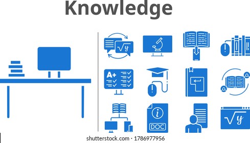 knowledge icon set. included study, test, homework, maths, microscope, feedback, desktop, ebook, books, school, elearning, doc, enter icons. filled styles.