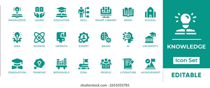 Conjunto de ícones de conhecimento. Inclui ícones de livros, aprendizado, cérebro, educação, ideias e habilidades. Perfeito para projetos de e-learning, acadêmicos, treinamento e desenvolvimento pessoal.
