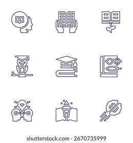 Conjunto de ícones de conhecimento. Estilo da linha. AVC editável. conhecimento, educação, sabedoria, livro, cérebro, estudo.