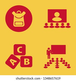 knowledge icon set with school book bag, teacher in classroom and conference vector illustration
