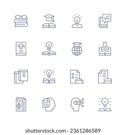 Knowledge icon set. Thin line icon. Editable stroke. Containing reading, graduation, guru, maths, book, idea, intellect, science, books, knowledge, quiz, genetical, learning, study.