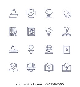 Knowledge icon set. Thin line icon. Editable stroke. Containing apple, book, growth, idea, knowledge, books, critical thinking, education, global, light bulb.