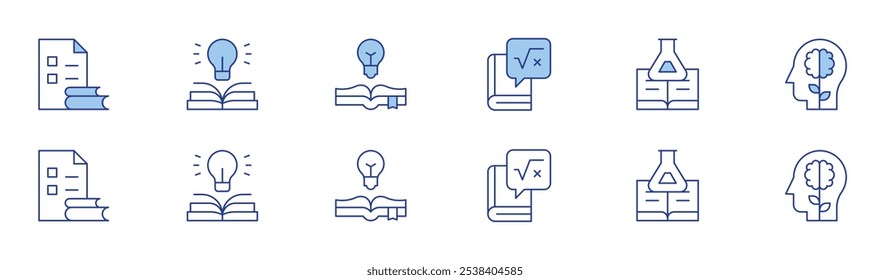 Icono de conocimiento establecido en dos estilos, Duotone y estilo de línea fina. Conocimiento, matemáticas, ciencia, literatura, mente, idea.