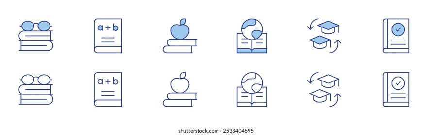 Knowledge icon set in two styles, Duotone and Thin Line style. Editable stroke. geography, knowledge, reading, book, reading book, apple.