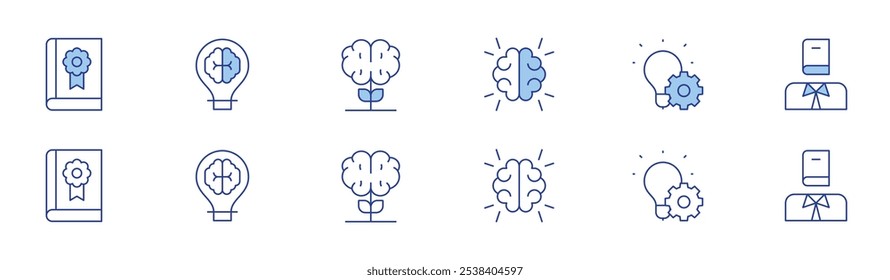 Ícone de conhecimento definido em dois estilos, Duotônico e Linha fina. Livro guia editável. filosofia, inovação, crescimento, ideia, legal.
