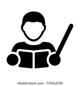 Knowledge icon vector male teacher person profile avatar with book symbol for school, college and university education in flat color glyph pictogram illustration