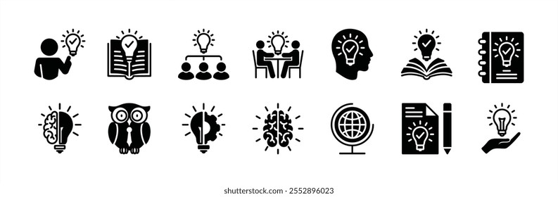 Knowledge icon vector set. Containing workshop, cognition, inspiration, creative, idea, brain, brainstorm, light bulb, clever, innovation, intelligence, globe, education, creativity, thinking, smart