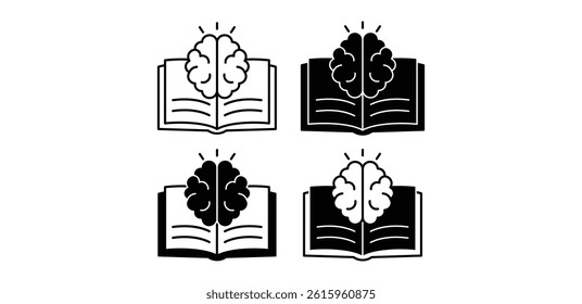 Knowledge Icons Black and White Brain on Open Book Vector Design Illustration