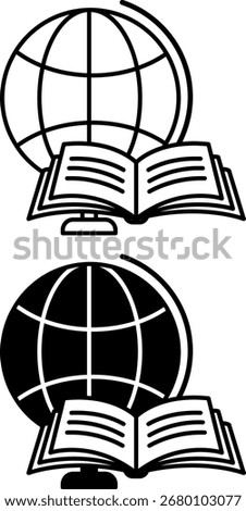Knowledge Icons. Black and White Vector Illustrations. Globe and Open Book. Awareness of Facts, Familiarity with People and Situations, or Practical Skill. Concept Teacher and Education