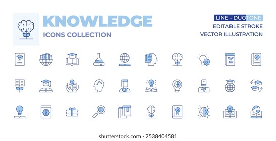 Knowledge icons collection. Line Duotone style, editable stroke. intellect, bookworm, book, graduation, knowledge, science, innovation, growth, strategy, idea, global, legal.