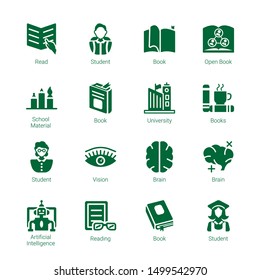 knowledge icons. Editable 16 knowledge icons. Included icons such as Read, Student, Book, Open book, School material, University, Books, Vision. knowledge trendy icons for web.