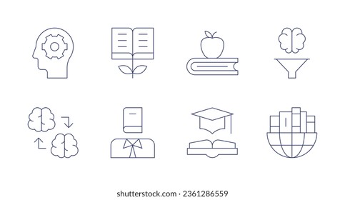 Knowledge icons. editable stroke. Containing knowledge, knowledge transfer, critical thinking, global, legal, books, education.