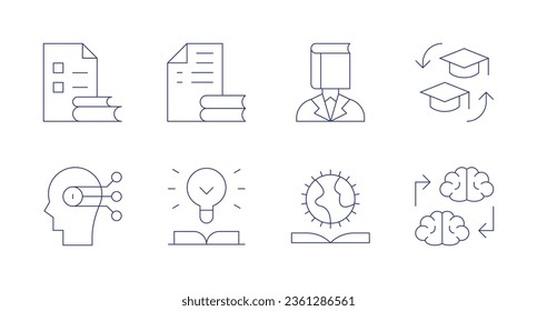 Knowledge icons. editable stroke. Containing knowledge, learning, knowledge transfer, quiz, study, bookworm, geography.