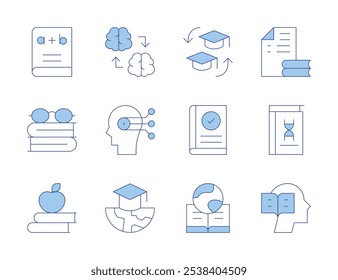 Knowledge icons. Line Duotone style, editable stroke. knowledge transfer, geography, knowledge, read, learning, quiz, reading, book, reading book, apple.