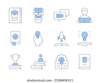 Ícones de conhecimento. Linha Duotone estilo, curso editável. criativo, cervejas, ideia, conhecimento, trabalho, aprendizagem, webinar, aprender, cliente, foguete, livro educativo.