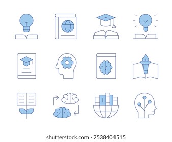 Ícones de conhecimento. Linha Duotone estilo, traço editável. conhecimento, livro, tic, estudo, transferência de conhecimento, graduação, crescimento, global.