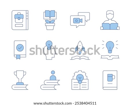 Knowledge icons. Line Duotone style, editable stroke. creative, beers, idea, knowledge, job, learning, webinar, learn, customer, rocket, educative book.