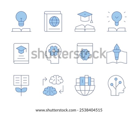 Knowledge icons. Line Duotone style, editable stroke. knowledge, book, ict, study, knowledge transfer, graduation, growth, global.